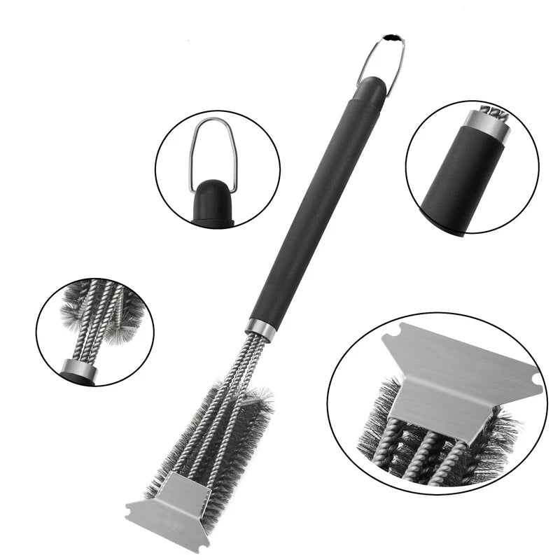 Escova de aço para churrasco, grelha e raspador, escova de limpeza de churrasco, ferramentas perfeitas, escova de limpeza de grelha, acessórios ideais para churrasco, antiaderente