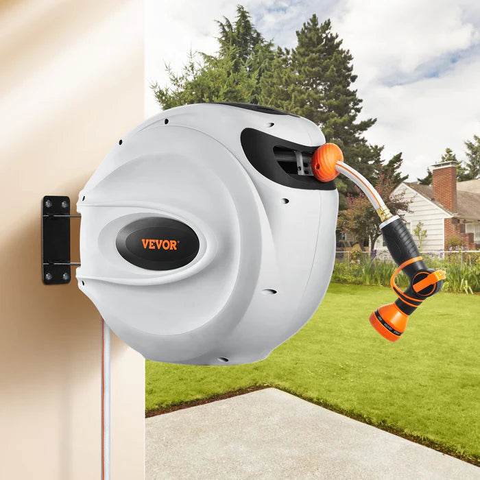 Mangueira Retrátil Carretel VEVOR 40m x 1/2" com Suporte de Parede Giratório 180°, Bico com 9 Jatos e Enrolamento Automático – Para Jardim, Quintal, Lavagem de Carros