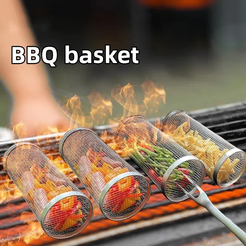 Cesta de churrasco rolante- maior cesta de grelhar de sempre, malha redonda de aço inoxidável, rack de churrasco de acampamento para legumes, peixe