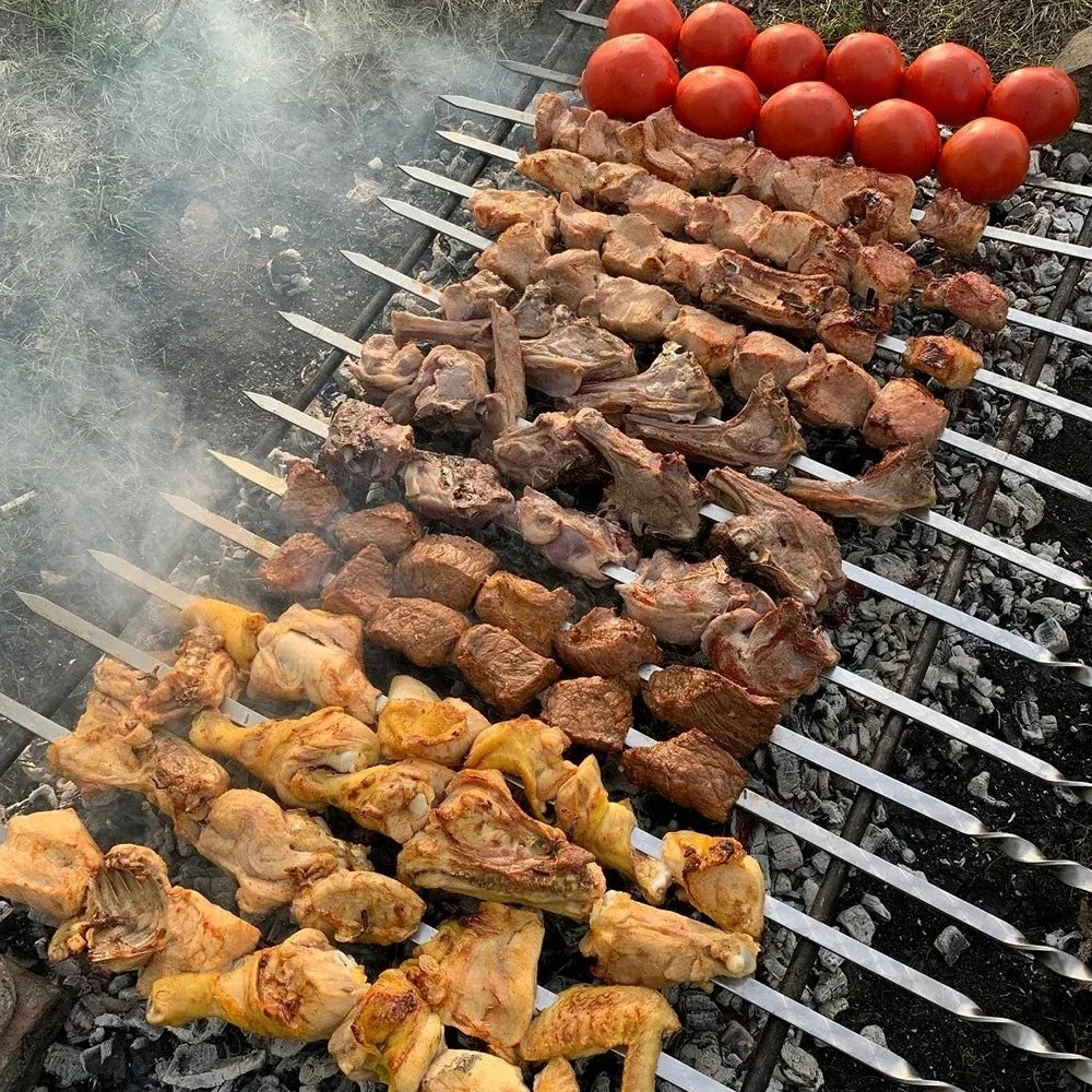 Espeto para churrasco de 50cm, 6 peças, aço inoxidável, varas largas, garfo plano para churrasco, acampamento ao ar livre, piquenique, utensílio para churrasco, acessórios de cozinha