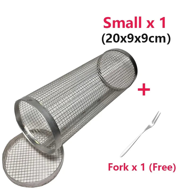 Cesta de churrasco rolante- maior cesta de grelhar de sempre, malha redonda de aço inoxidável, rack de churrasco de acampamento para legumes, peixe