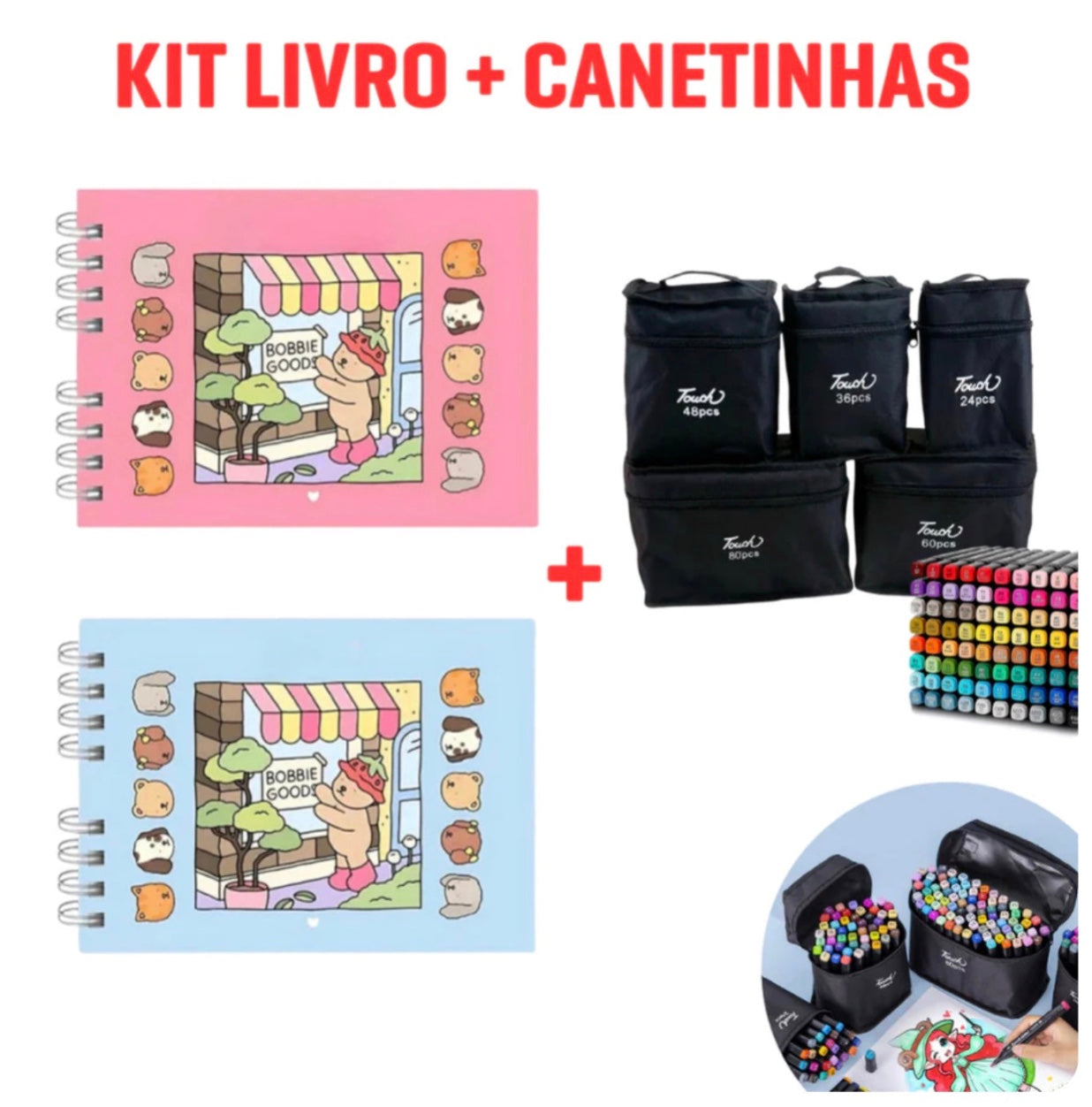 Kit Bobbie Goods com 100 Páginas + BRINDE - Livro de Colorir + Canetas Dupla Face