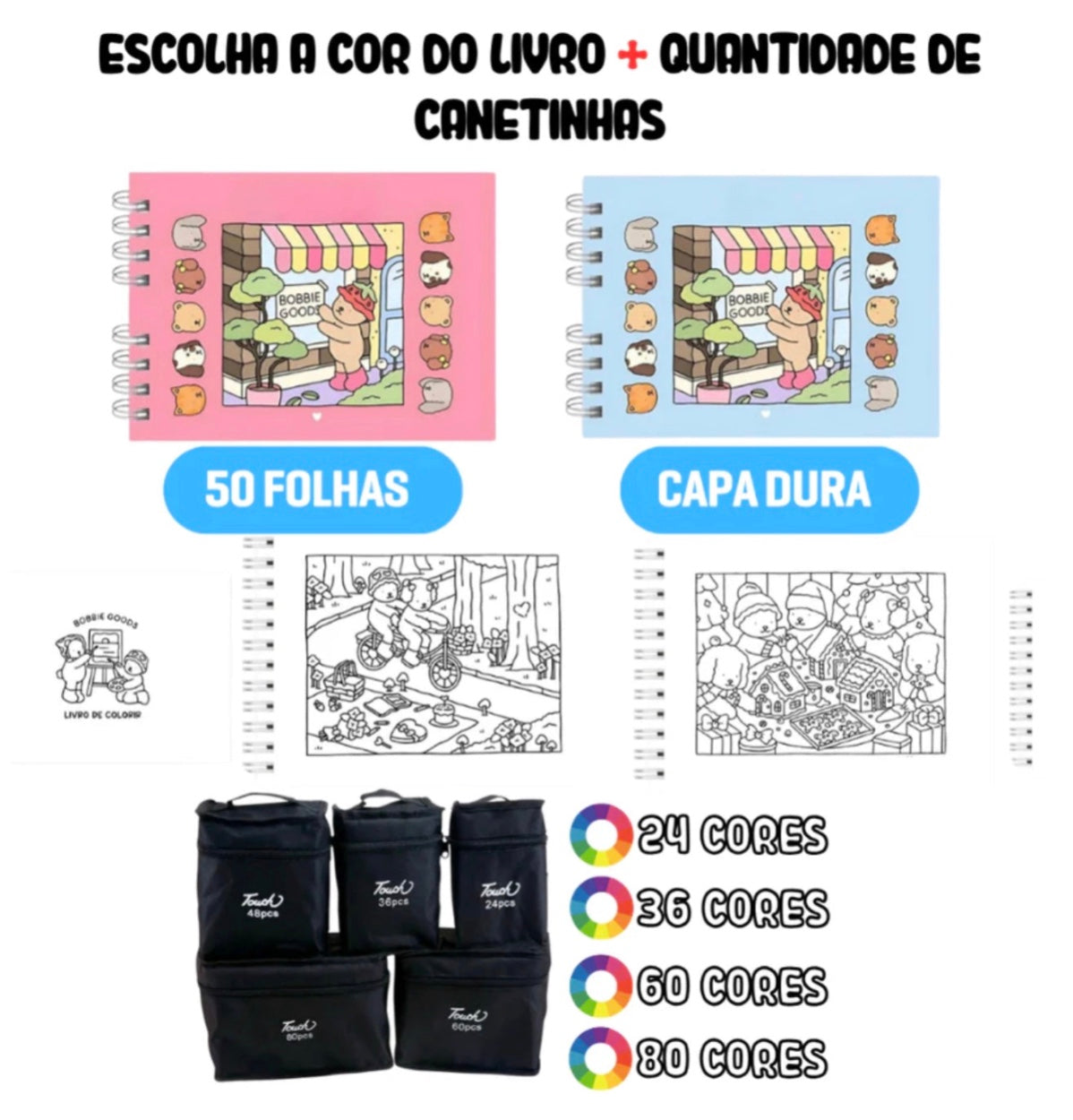 Kit Bobbie Goods com 100 Páginas + BRINDE - Livro de Colorir + Canetas Dupla Face
