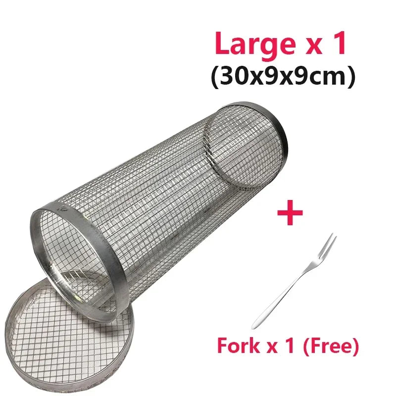 Cesta de churrasco rolante- maior cesta de grelhar de sempre, malha redonda de aço inoxidável, rack de churrasco de acampamento para legumes, peixe
