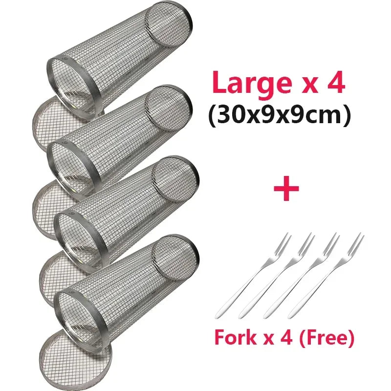 Cesta de churrasco rolante- maior cesta de grelhar de sempre, malha redonda de aço inoxidável, rack de churrasco de acampamento para legumes, peixe