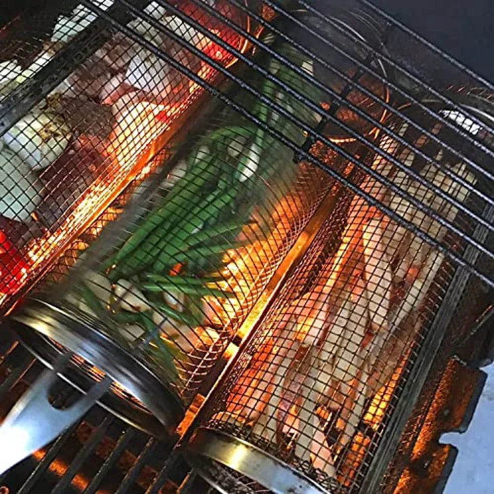 Cesta de churrasco rolante- maior cesta de grelhar de sempre, malha redonda de aço inoxidável, rack de churrasco de acampamento para legumes, peixe