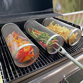 Cesta de churrasco rolante- maior cesta de grelhar de sempre, malha redonda de aço inoxidável, rack de churrasco de acampamento para legumes, peixe