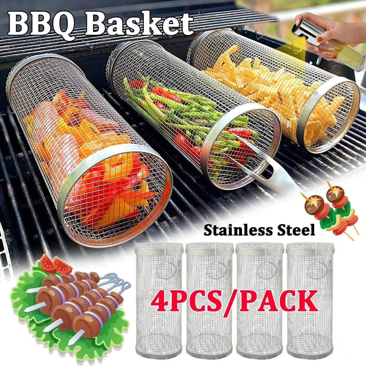 Cesta de churrasco rolante- maior cesta de grelhar de sempre, malha redonda de aço inoxidável, rack de churrasco de acampamento para legumes, peixe