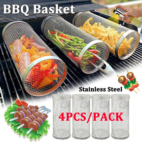 Cesta de churrasco rolante- maior cesta de grelhar de sempre, malha redonda de aço inoxidável, rack de churrasco de acampamento para legumes, peixe