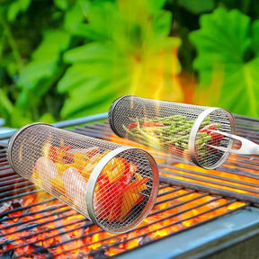 Cesta de churrasco rolante- maior cesta de grelhar de sempre, malha redonda de aço inoxidável, rack de churrasco de acampamento para legumes, peixe