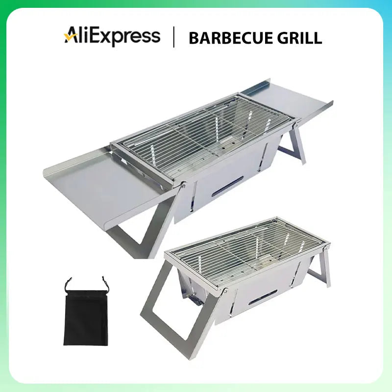 Grelha de churrasco dobrável de aço inoxidável para casa e ao ar livre, kebabs de carvão, churrasco dobrável portátil sem fumaça
