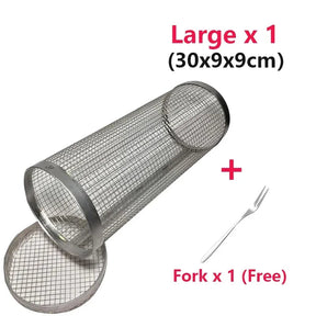 Cesta de churrasco rolante- maior cesta de grelhar de sempre, malha redonda de aço inoxidável, rack de churrasco de acampamento para legumes, peixe