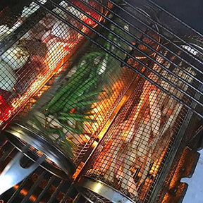 Cesta de churrasco rolante- maior cesta de grelhar de sempre, malha redonda de aço inoxidável, rack de churrasco de acampamento para legumes, peixe